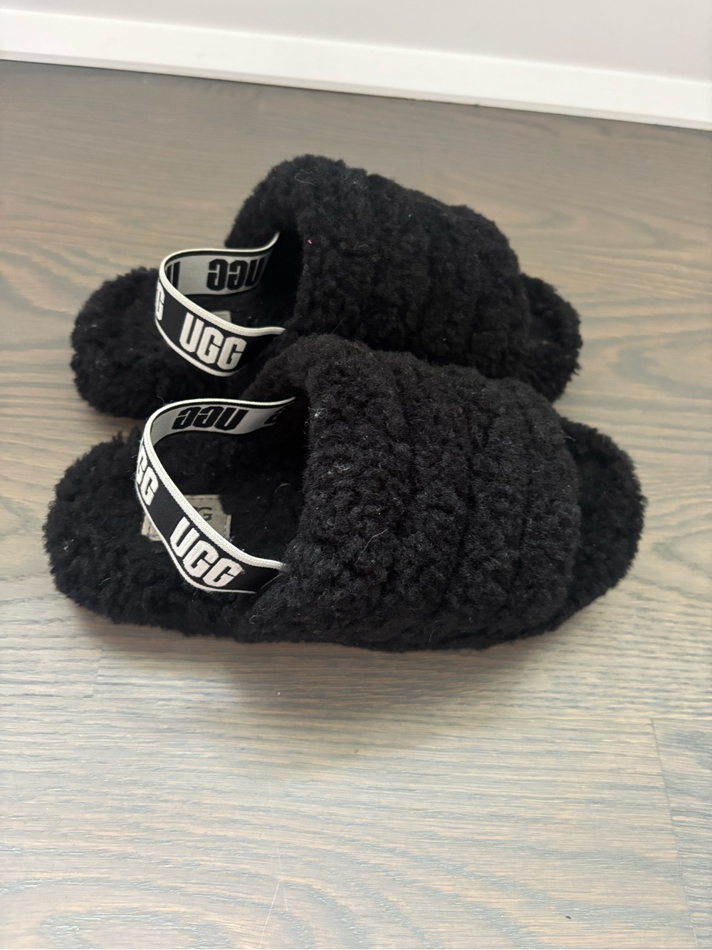 UGG Kids Black Fuzzy Slides